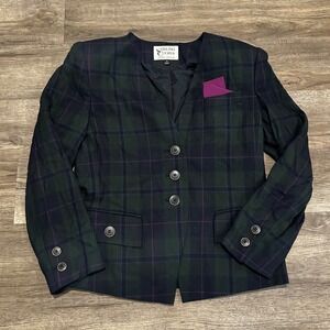 VTG Stirling Cooper Tartan Plaid Green Navy Plaid Collarless Blazer Jacket Sz 8